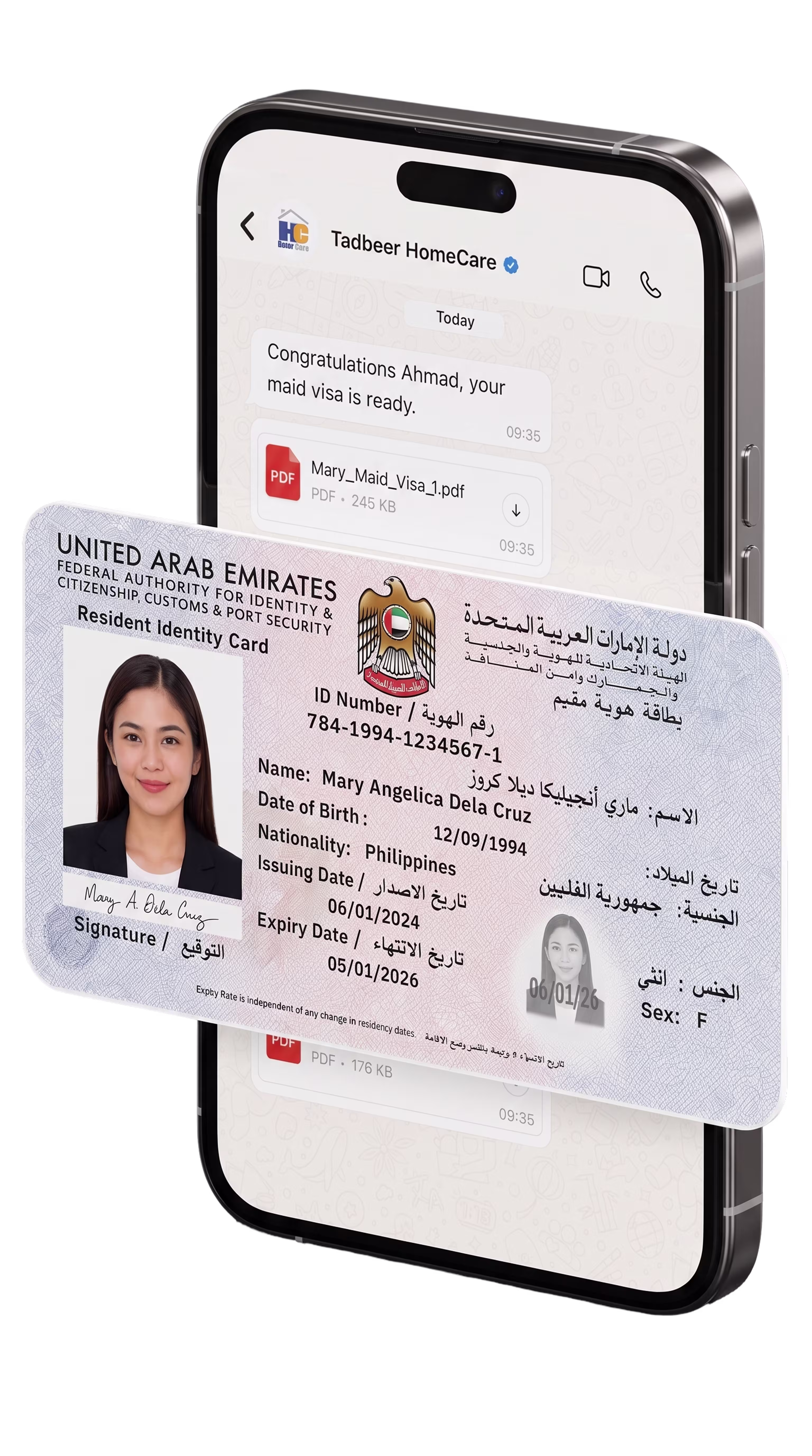 Phone showing the visa on WhatsApp with an Emirates ID